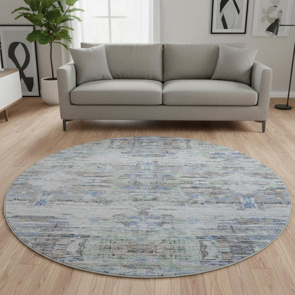 HomeRoots 8' Stylish Taupe Blue & Gray Abstract Washable Round Rug with UV Protection for Busy Homes 684663