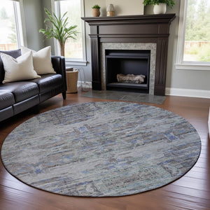 HomeRoots 8' Stylish Taupe Blue & Gray Abstract Washable Round Rug with UV Protection for Busy Homes 684663