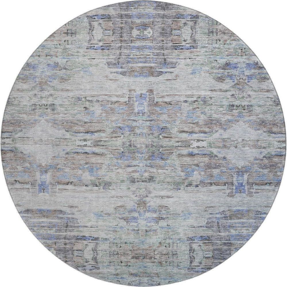 HomeRoots 8' Stylish Taupe Blue & Gray Abstract Washable Round Rug with UV Protection for Busy Homes 684663