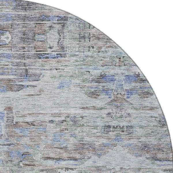 HomeRoots 8' Stylish Taupe Blue & Gray Abstract Washable Round Rug with UV Protection for Busy Homes 684663