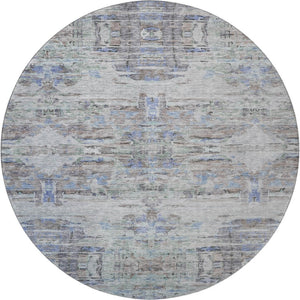 HomeRoots 8' Stylish Taupe Blue & Gray Abstract Washable Round Rug with UV Protection for Busy Homes 684663