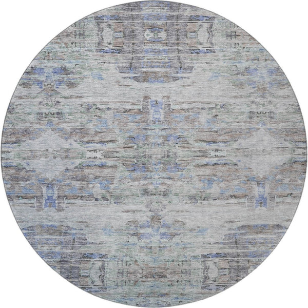 HomeRoots 8' Stylish Taupe Blue & Gray Abstract Washable Round Rug with UV Protection for Busy Homes 684663