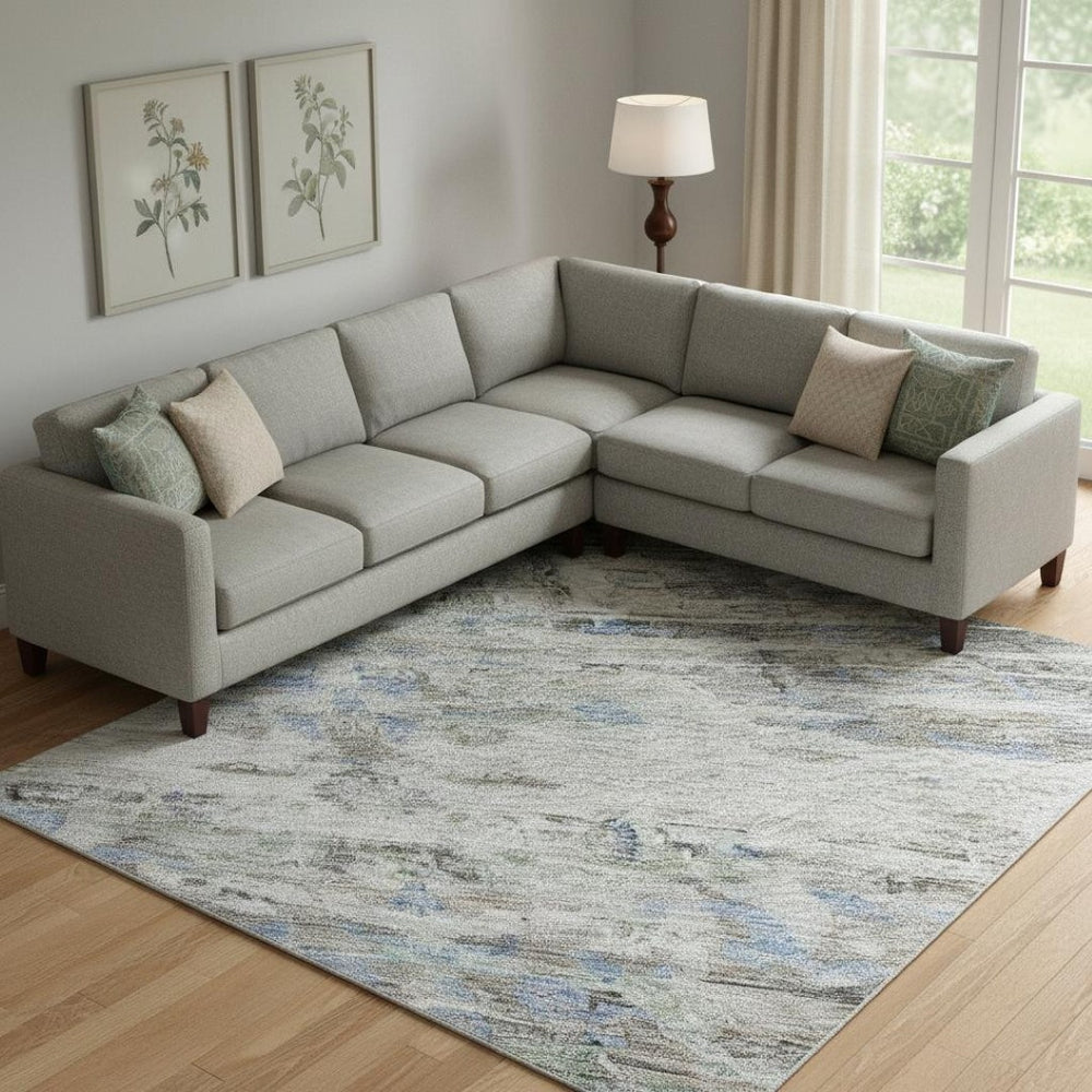 HomeRoots 9' X 12' Taupe Blue Gray Abstract Area Rug - Stain Resistant, UV Protected, Stylish for High-Traffic Rooms 684665