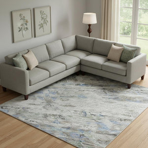 HomeRoots 9' X 12' Taupe Blue Gray Abstract Area Rug - Stain Resistant, UV Protected, Stylish for High-Traffic Rooms 684665