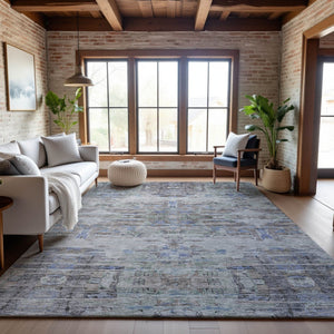 HomeRoots 9' X 12' Taupe Blue Gray Abstract Area Rug - Stain Resistant, UV Protected, Stylish for High-Traffic Rooms 684665