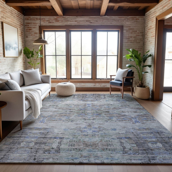 HomeRoots 9' X 12' Taupe Blue Gray Abstract Area Rug - Stain Resistant, UV Protected, Stylish for High-Traffic Rooms 684665