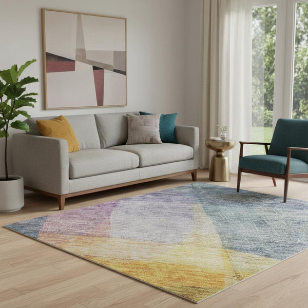 HomeRoots 5' X 8' Vibrant Blue Gold Purple Abstract Area Rug - Washable, UV-Protected, Stain-Resistant Design 684668