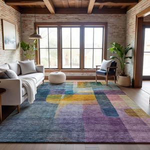 HomeRoots 5' X 8' Vibrant Blue Gold Purple Abstract Area Rug - Washable, UV-Protected, Stain-Resistant Design 684668