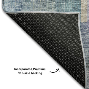 HomeRoots 5' X 8' Vibrant Blue Gold Purple Abstract Area Rug - Washable, UV-Protected, Stain-Resistant Design 684668