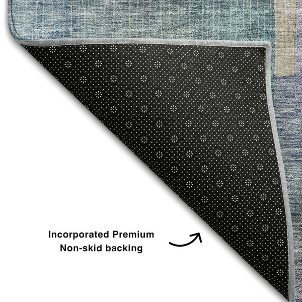 HomeRoots 5' X 8' Vibrant Blue Gold Purple Abstract Area Rug - Washable, UV-Protected, Stain-Resistant Design 684668
