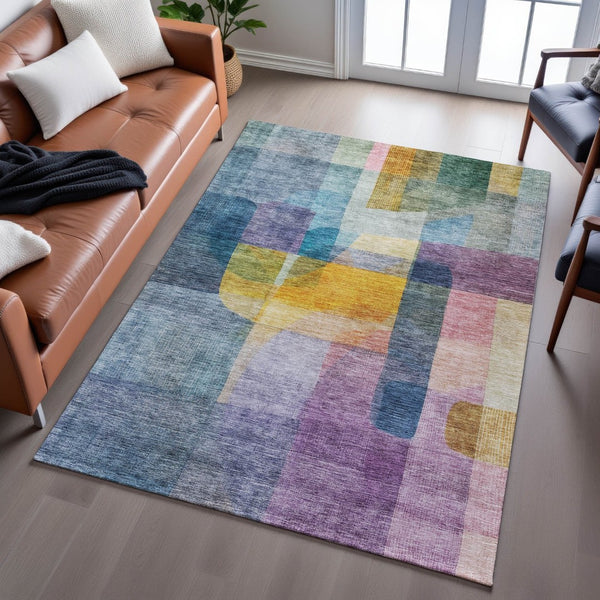 HomeRoots 5' X 8' Vibrant Blue Gold Purple Abstract Area Rug - Washable, UV-Protected, Stain-Resistant Design 684668