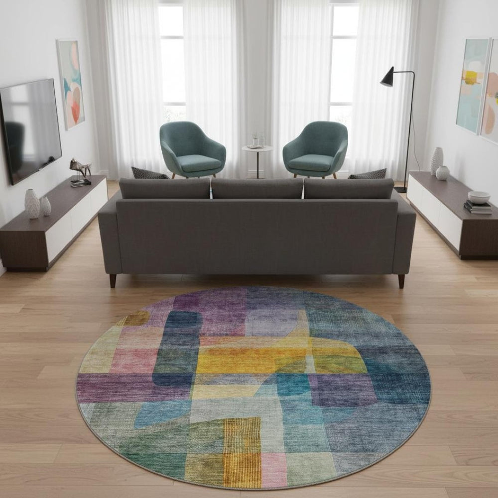 HomeRoots 8' Blue Gold and Purple Abstract Round Rug - Washable, UV Resistant, Ideal for Busy Homes & Decor 684669