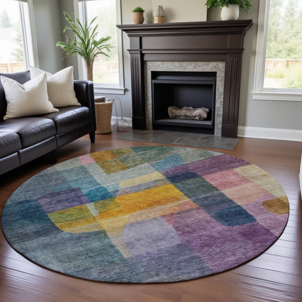 HomeRoots 8' Blue Gold and Purple Abstract Round Rug - Washable, UV Resistant, Ideal for Busy Homes & Decor 684669