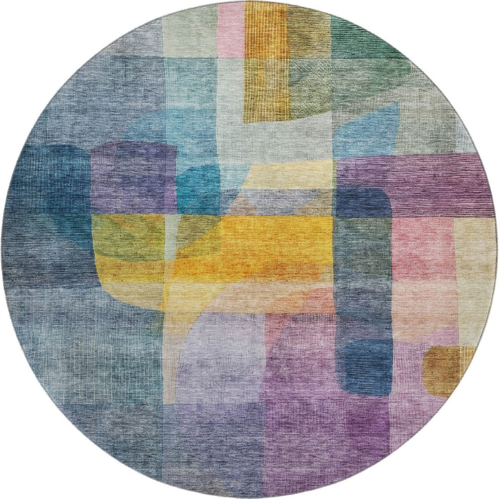 HomeRoots 8' Blue Gold and Purple Abstract Round Rug - Washable, UV Resistant, Ideal for Busy Homes & Decor 684669