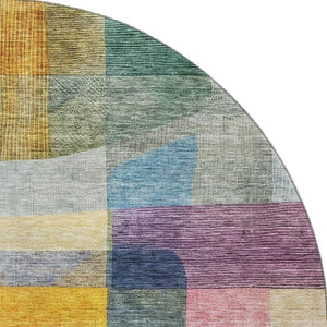 HomeRoots 8' Blue Gold and Purple Abstract Round Rug - Washable, UV Resistant, Ideal for Busy Homes & Decor 684669