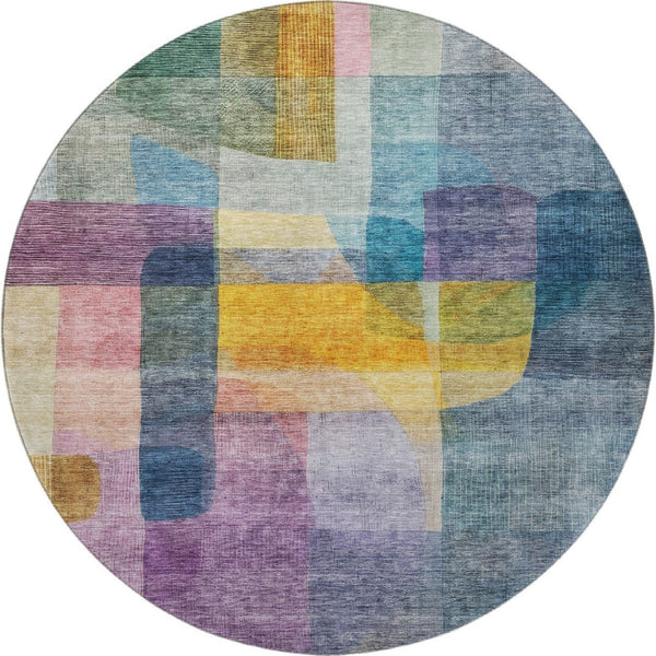 HomeRoots 8' Blue Gold and Purple Abstract Round Rug - Washable, UV Resistant, Ideal for Busy Homes & Decor 684669