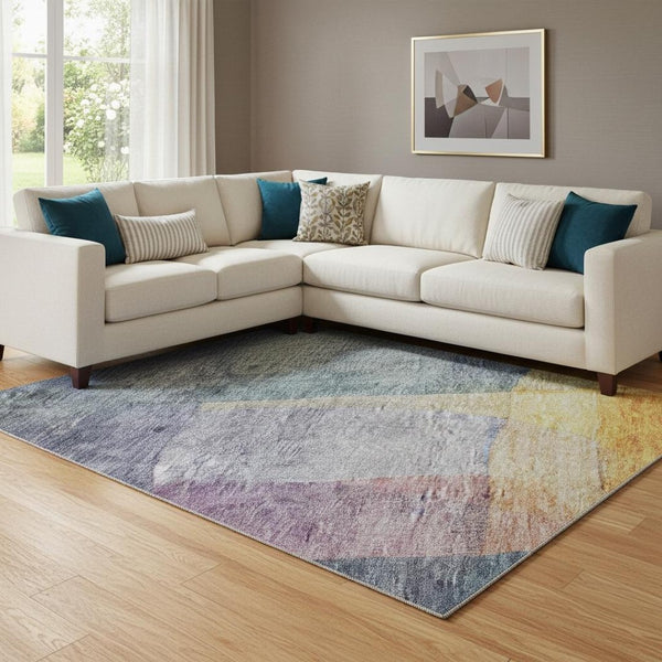 HomeRoots 8' X 10' Abstract Area Rug in Blue, Gold & Purple - Washable, UV Protected, Stain Resistant Design! 684670