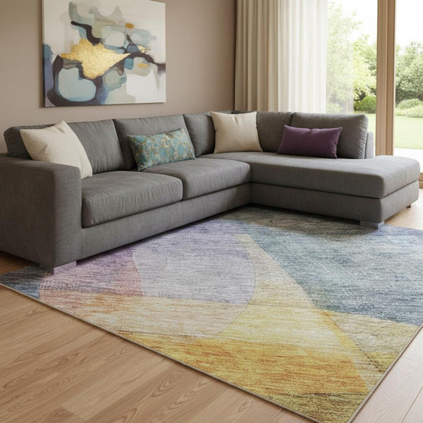 HomeRoots 10' Abstract Washable Area Rug in Blue, Gold & Purple - UV Protected, Stain Resistant, Durable Design 684672