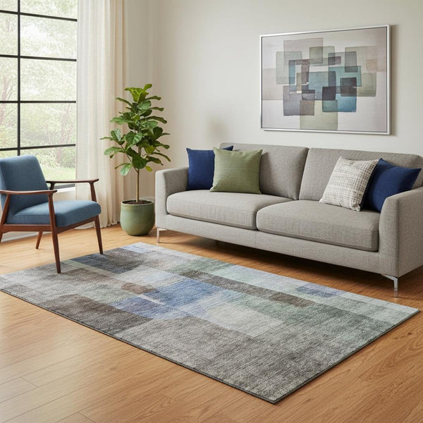 HomeRoots 5' X 8' Washable Abstract Area Rug in Brown, Green & Blue – Durable, UV Protected, Stain Resistant Design! 684674