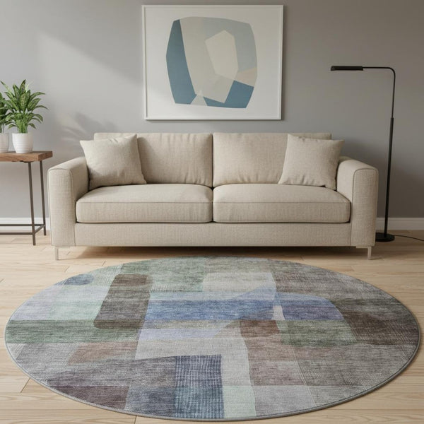HomeRoots 8' Modern Abstract Washable Round Rug in Brown, Green & Blue – Durable, UV-Protected & Easy-Clean! 684675