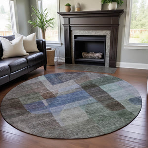 HomeRoots 8' Modern Abstract Washable Round Rug in Brown, Green & Blue – Durable, UV-Protected & Easy-Clean! 684675