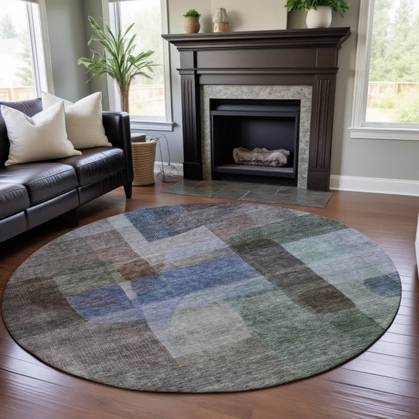 HomeRoots 8' Modern Abstract Washable Round Rug in Brown, Green & Blue – Durable, UV-Protected & Easy-Clean! 684675