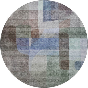 HomeRoots 8' Modern Abstract Washable Round Rug in Brown, Green & Blue – Durable, UV-Protected & Easy-Clean! 684675