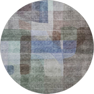 HomeRoots 8' Modern Abstract Washable Round Rug in Brown, Green & Blue – Durable, UV-Protected & Easy-Clean! 684675