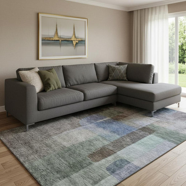 HomeRoots 8' X 10' Modern Abstract Area Rug in Brown, Green & Blue – Washable, UV-Resistant, Stain-Repellent! 684676