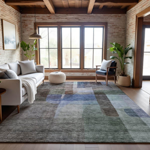 HomeRoots 8' X 10' Modern Abstract Area Rug in Brown, Green & Blue – Washable, UV-Resistant, Stain-Repellent! 684676
