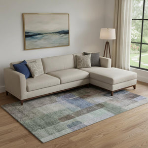 HomeRoots 9' X 12' Abstract Area Rug in Brown, Green & Blue - Washable, Stain Resistant, UV Protected Comfort 684677