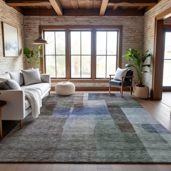 HomeRoots 9' X 12' Abstract Area Rug in Brown, Green & Blue - Washable, Stain Resistant, UV Protected Comfort 684677