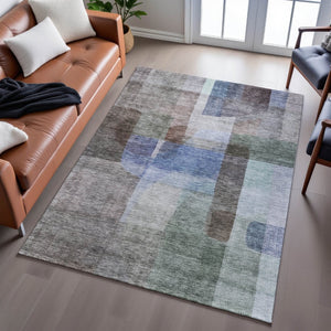 HomeRoots 9' X 12' Abstract Area Rug in Brown, Green & Blue - Washable, Stain Resistant, UV Protected Comfort 684677