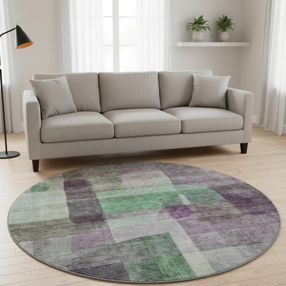 HomeRoots 8' Vibrant Purple and Green Abstract Washable Round Rug with UV Protection for Modern Homes 684687