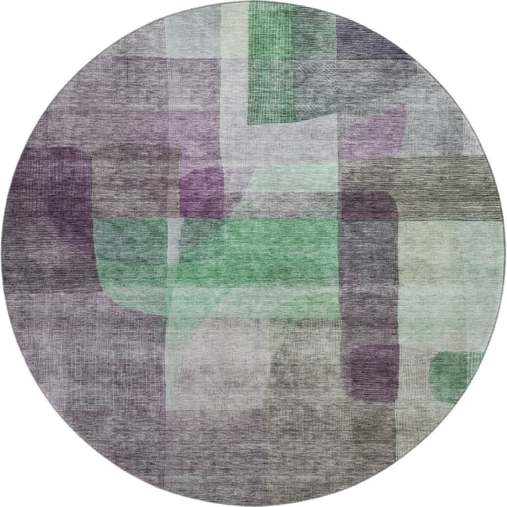 HomeRoots 8' Vibrant Purple and Green Abstract Washable Round Rug with UV Protection for Modern Homes 684687