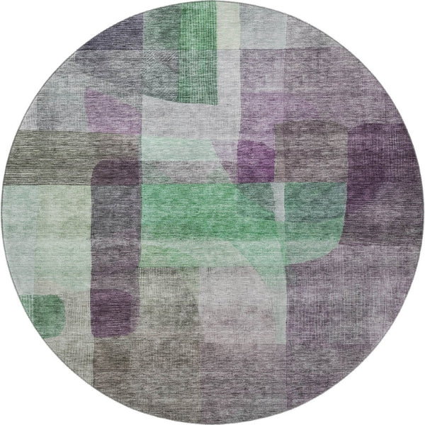 HomeRoots 8' Vibrant Purple and Green Abstract Washable Round Rug with UV Protection for Modern Homes 684687