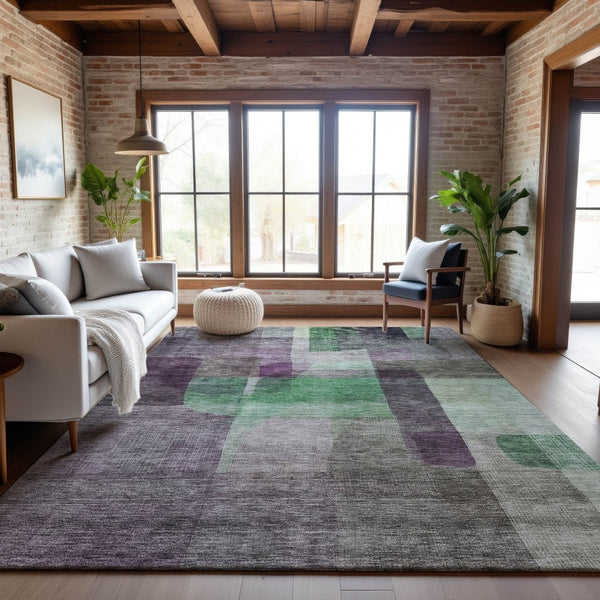 HomeRoots 8' X 10' Vibrant Purple And Green Abstract Washable Area Rug - Stain Resistant & UV Protected Design 684688