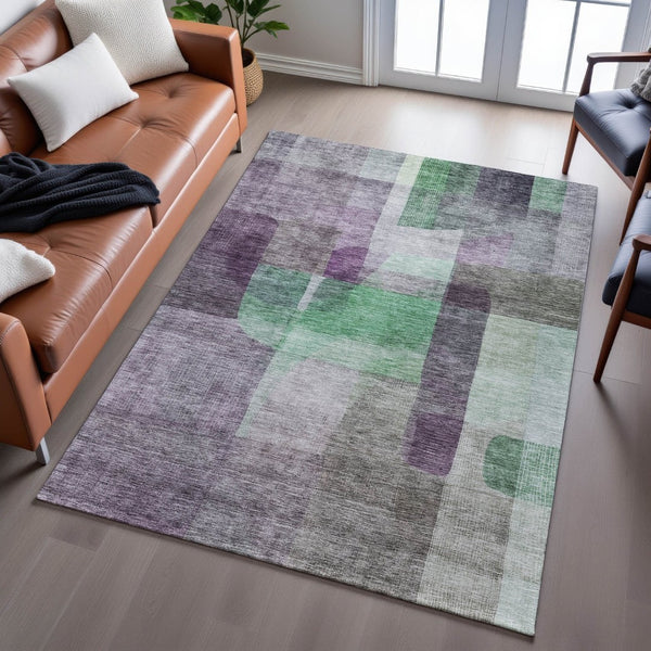 HomeRoots 8' X 10' Vibrant Purple And Green Abstract Washable Area Rug - Stain Resistant & UV Protected Design 684688