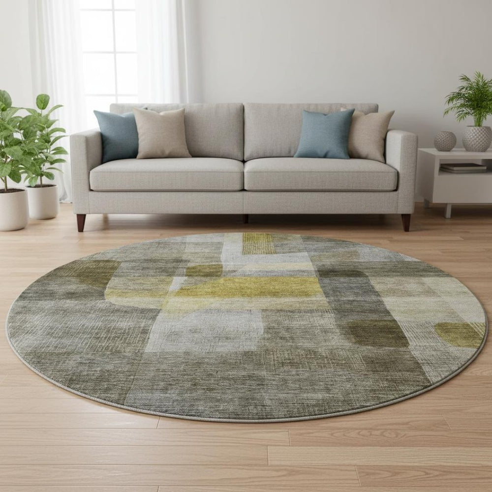HomeRoots 8' Washable Taupe Gold and Gray Abstract Round Rug with UV Protection for Modern Living Spaces 684693