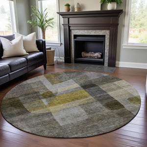 HomeRoots 8' Washable Taupe Gold and Gray Abstract Round Rug with UV Protection for Modern Living Spaces 684693