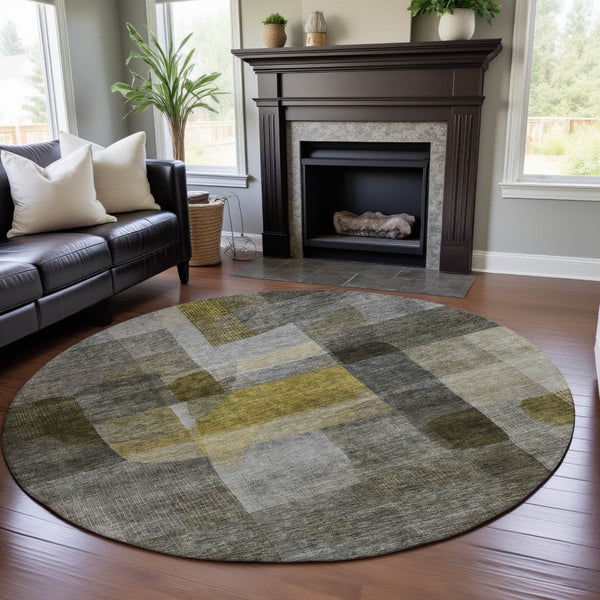 HomeRoots 8' Washable Taupe Gold and Gray Abstract Round Rug with UV Protection for Modern Living Spaces 684693