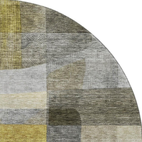 HomeRoots 8' Washable Taupe Gold and Gray Abstract Round Rug with UV Protection for Modern Living Spaces 684693