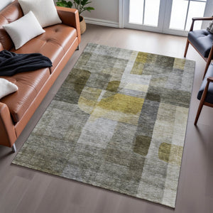 HomeRoots 10' Contemporary Taupe Gold Gray Abstract Area Rug – Washable, UV Protected, Stain Resistant Charm 684696