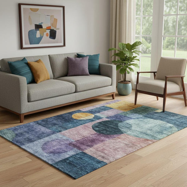 HomeRoots 5' X 8' Geometric Area Rug in Blue, Purple & Gold - Washable, UV-Protected, Durable for High Traffic Areas 684698
