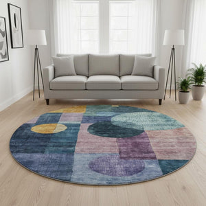 HomeRoots 8' Vibrant Blue Purple Gold Geometric Round Area Rug - Washable, UV Protected for High-Traffic Spaces 684699