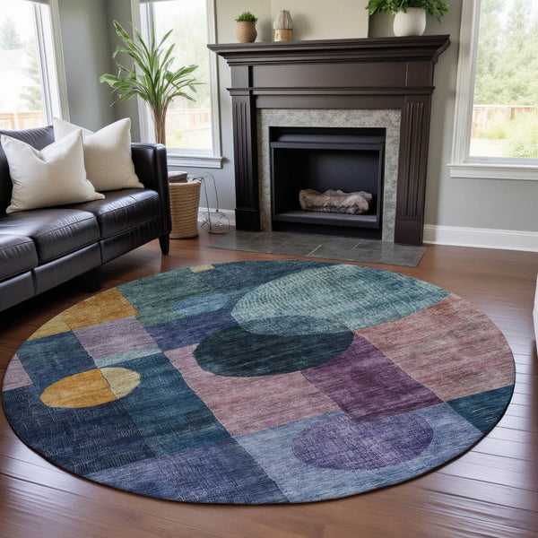 HomeRoots 8' Vibrant Blue Purple Gold Geometric Round Area Rug - Washable, UV Protected for High-Traffic Spaces 684699