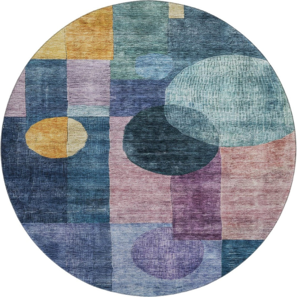 HomeRoots 8' Vibrant Blue Purple Gold Geometric Round Area Rug - Washable, UV Protected for High-Traffic Spaces 684699