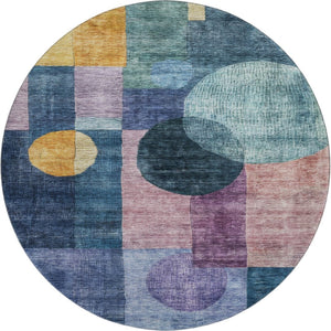 HomeRoots 8' Vibrant Blue Purple Gold Geometric Round Area Rug - Washable, UV Protected for High-Traffic Spaces 684699