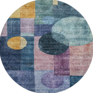 HomeRoots 8' Vibrant Blue Purple Gold Geometric Round Area Rug - Washable, UV Protected for High-Traffic Spaces 684699