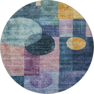 HomeRoots 8' Vibrant Blue Purple Gold Geometric Round Area Rug - Washable, UV Protected for High-Traffic Spaces 684699